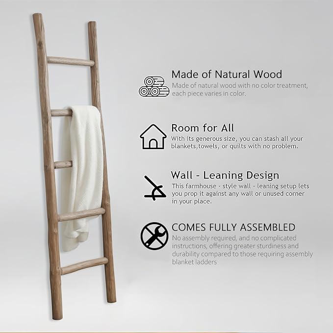Wooden Blanket Ladder Natural & Motley Wood - Leaning Wall Decor for Bedroom, Bathroom, Living Room - Rustic Quilt Holder & Towel Rack (Natural Wood Brown, 57in | Fully Assembled)