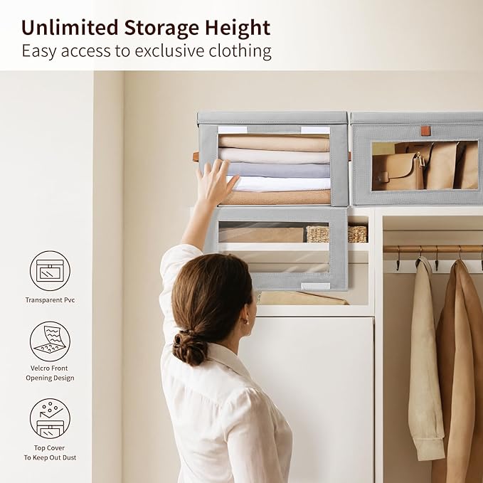 Homsorout Medium Fabric Storage bins - Collapsible Storage Bins with Open Window, 4 Pack Closet Baskets for Shelves, Stackable Decorative Boxes for Home, Dorm, Grey, 13.7"x 9.8" x 9.8"