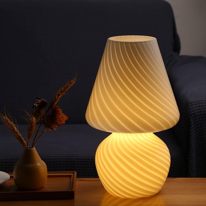 BSOD Taller Mushroom Lamp, Upgrade White Table Lamp Romantic 12' Vintage Swirl Mid-Century Design Classics Glass Home Decor Bedside Lamps for Living Room Bedroom Room Gift