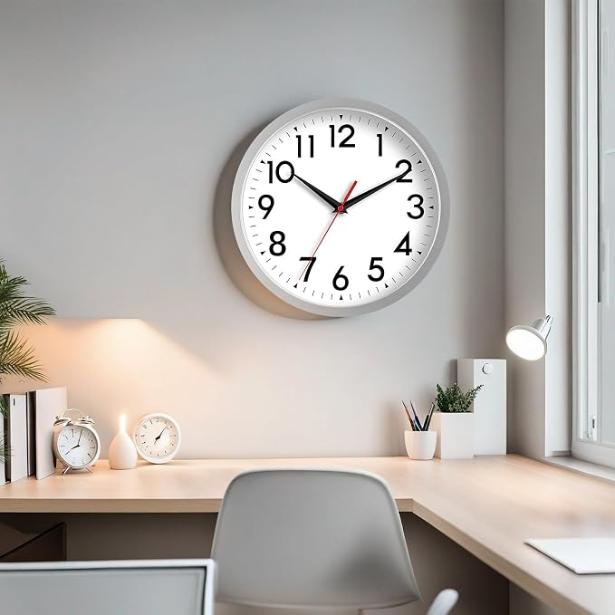 DAXSMY 14 Inch Wall Clock Large Battery Operated Big Silent Non Ticking Analog Decorative for Living Room Office Kitchen Outdoor Classroom Bedroom Bathroom School Home(Silver)