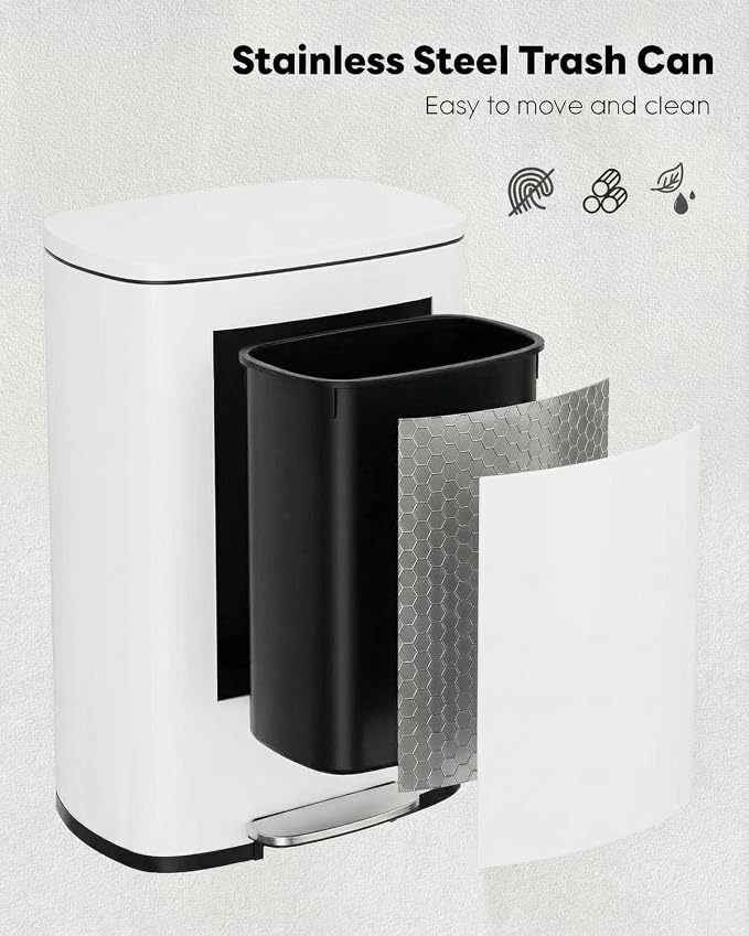 ComfyCorner 13.2+1.3 Gallon Trash Can Combo Set, Stainless Steel Garbage Bin with Pedal, Removable Inner Waste Bucket, Anti-Fingerprint, Soft-Close Locking Lid Dustbin for Kitchen, Bathroom, Office