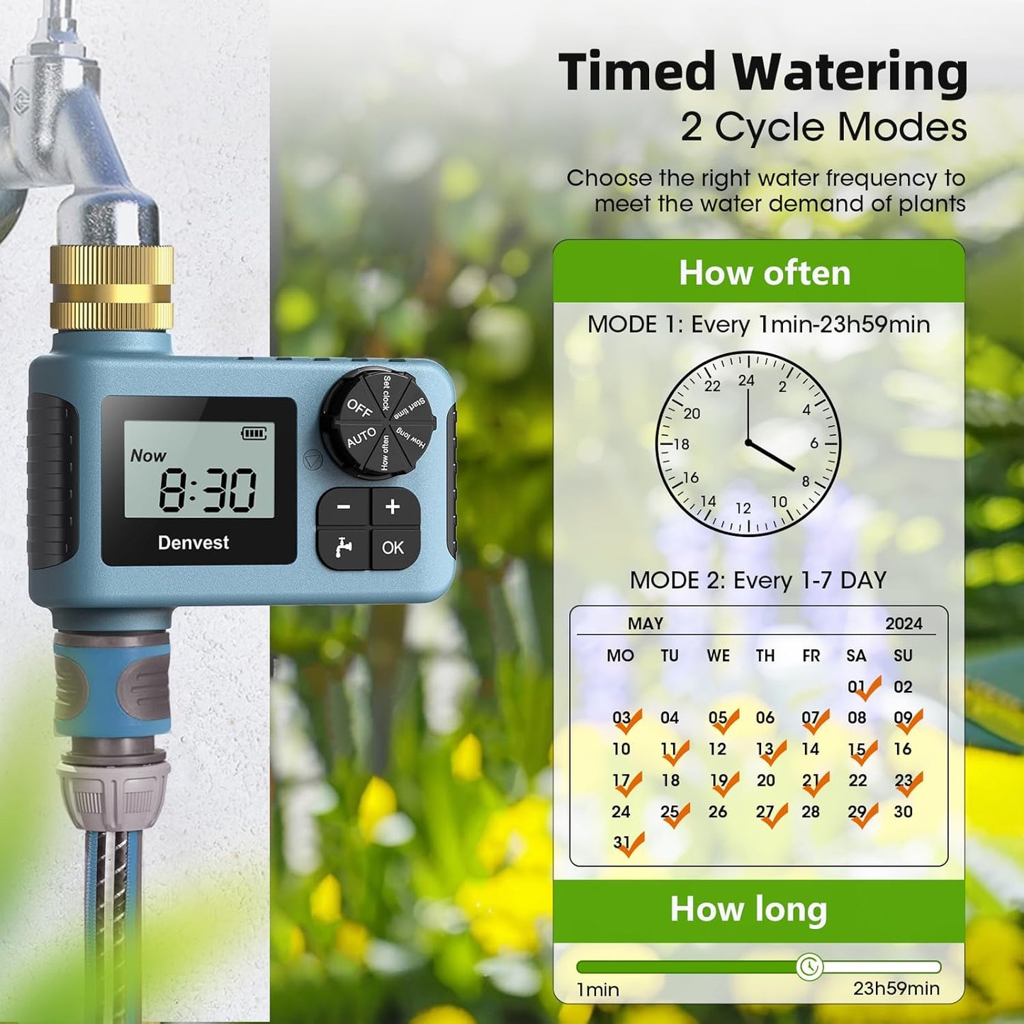 Hose Timer with Brass Inlet & Outlet, Water Timer for Garden Hose Faucet, Sprinkler Timers Outdoor, Irrigation Timers with Rain Delay/Manual for Garden/Outdoor Hose, Yard, Lawns, 1 Outlet