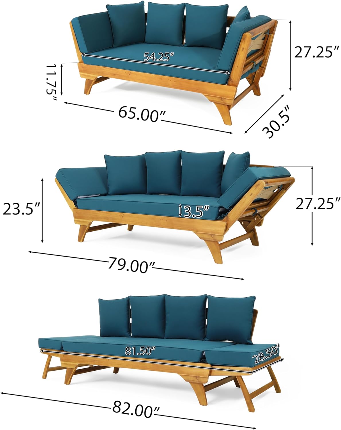 Outdoor Adjustable Patio Wooden Serene Daybed Sofa Chaise Lounge with Cushions for Small Places, Sleeper Chair with Armrest for Backyard, Poolside (Blue)