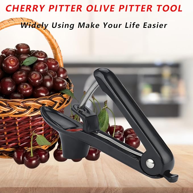 Cherry Pitter Tool, Heavy-Duty Stainless Steel Pitting Tool, Portable Cherries Corer Stoner Seed Tool with Lock Design, Fruit Pit Remover for Cherry Jam(Black)