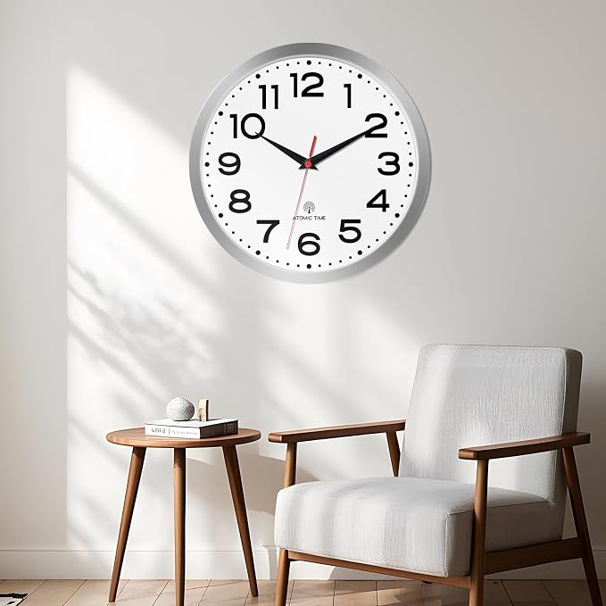 Roymnie Atomic Wall Clock 12 Inch, Modern Clock Battery Operated Classic Analog Decorative for Kitchen, Living Room, Office, Bedroom, Bathroom (Silver)