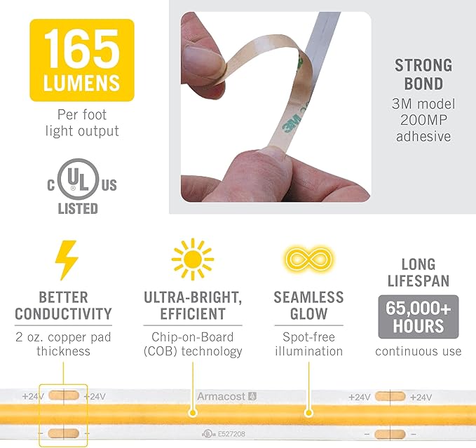 Armacost Lighting RibbonFlex Pro 24V White COB LED Strip Light Tape 3000K, 165 Lumens/Ft, 5M 171230