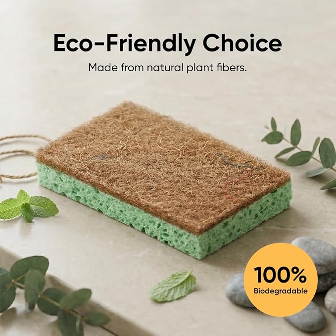 Superio Non-Scratch Cellulose Sponge Scrub (12-Pack) Heavy Duty Kitchen Sponges Scrubbers with Scouring Pad (Green)