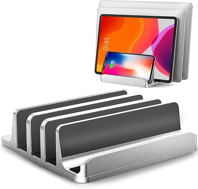3-Slot Vertical Laptop Stand for Desk [Updated Version],Space-Saving Aluminum Desktop Stand Holder with Adjustable Dock Size Compatible for All MacBook/HP/Dell/Surface/Samsung/Chrome Book(Silver)