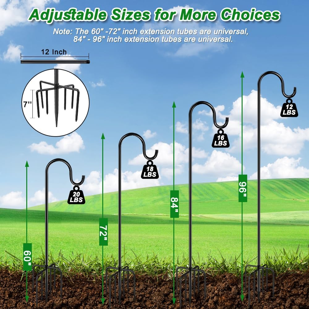 60" Shephards Hook for Outdoor, Heavy Duty Bird Feeder Pole with 7 Base Prongs, Adjustable Shepherds Hook for Hanging Bird Feeder, Solar Light Lanterns, Garden Plant Hanger Stands,2 Packs