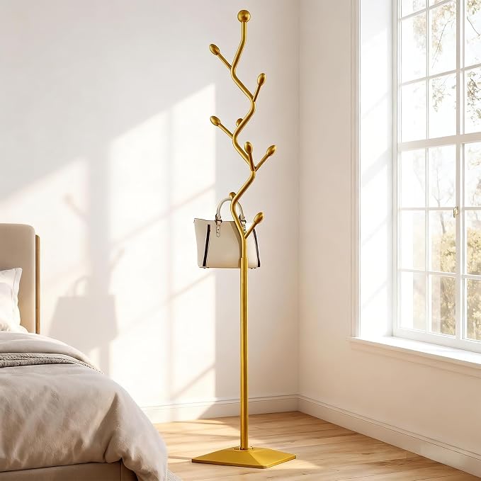 Tree-shaped coat rack stand,Metal coat tree with 8 Hooks and sturdy cast iron base,Heavy Duty coat rack freestanding coat hanger stand for Clothes Hats Scarfs Purses (gold)