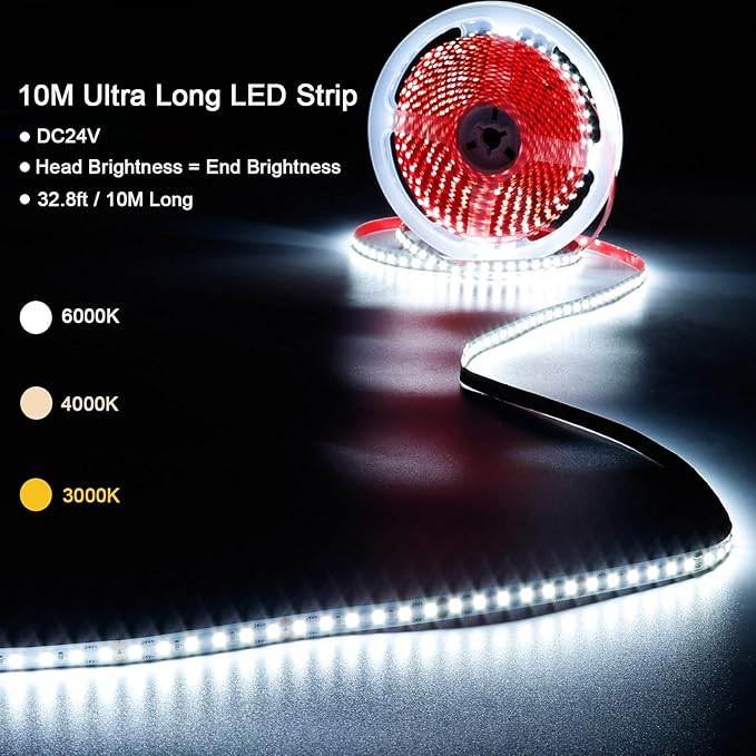 24V 32.8ft(10M) LED Strip Light Warm White 3000K 1200LEDs 2835 SMD 90W High Brightness 7200LM No-Waterproof IP20 Flexible Ribbon for Kitchen Backyard Hallways Stairs Decoration(No Power Supply)