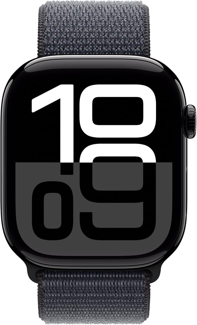 Apple Watch Series 10 [GPS 46mm case] Smartwatch with Jet Black Aluminum Case with Ink Sport Loop. Fitness Tracker, ECG App, Always-On Retina Display, Carbon Neutral