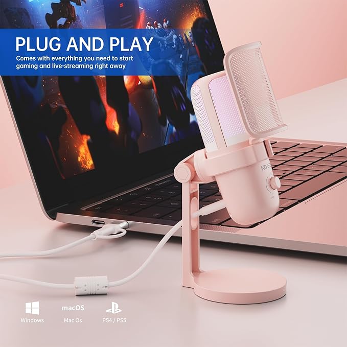 USB Microphone, Gaming Mic with 2 Pickup Patterns (Cardioid/Omnidirectional), RGB Lighting & Tap-to-Mute Sensor, 96KHz/24Bit Condenser Mic for Streaming, Podcast, Recording, Type-C Plug & Play (Pink)