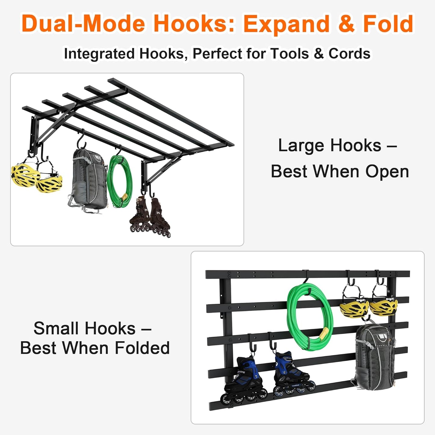 Garage Storage System Shelves 3.21x1.64 ft - Heavy Duty Garage Wall Shelving with Hooks, Foldable Storage Shelving Wall Mounted Install, Versatile Hanging Shelves & Black Metal Floating Organizer