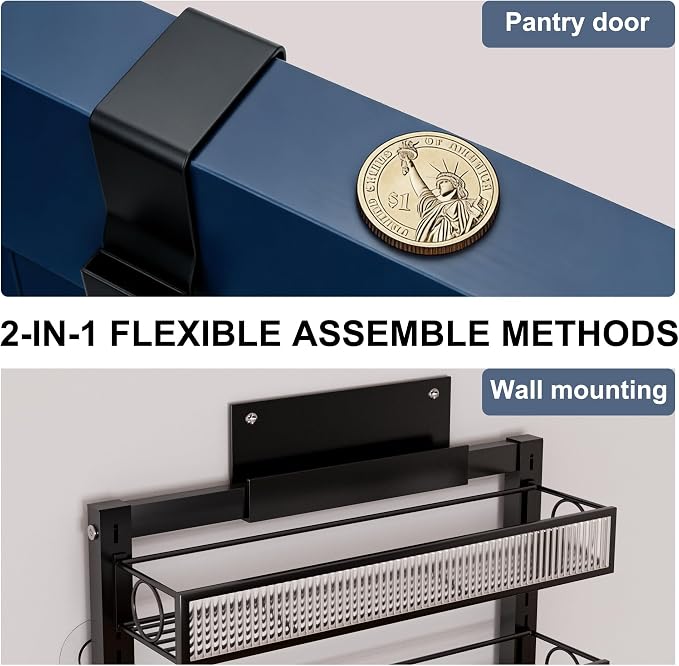 Over the Door Pantry Organizer 8 Tier Hanging Door or Wall Mounted Spice Rack with Adjustable Acylic Basket,Heavy Duty Metal Seasoning Storage Shelf for Kitchen Pantry and Bathroom