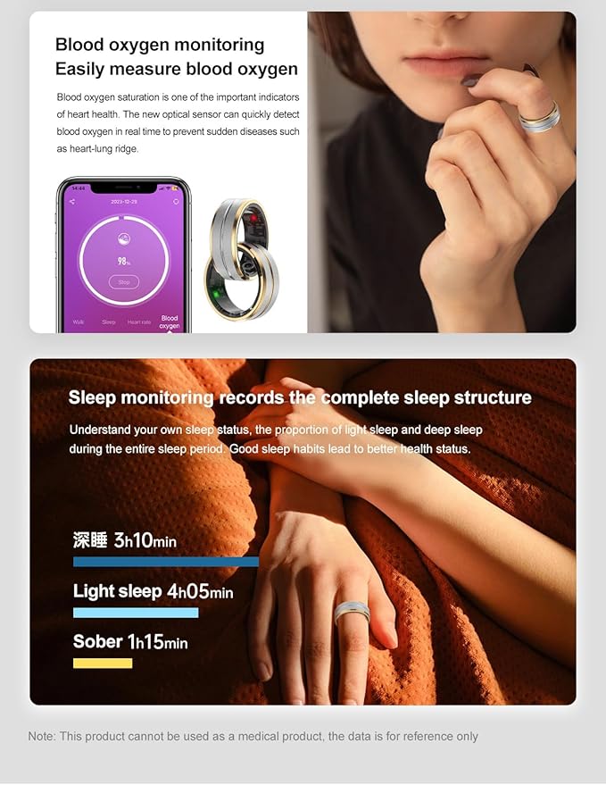Smart Ring Fitness Tracker for Men and Women, Heart Rate & Blood Oxygen Monitor & Sleep Monitoring, Remote Selfie Control Ring, Waterproof Wearable Smart Rings (11)