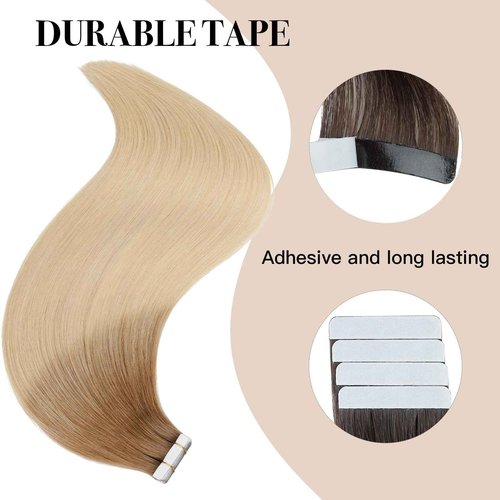 Tape in Hair Extensions ，Real Human Hair Extension,Bleach and Caramel Blonde Human Hair 24 inch 20pcs 50g,Thick Ends Straight Seamless, Invisible Tape in Hair Extensions Human Hair