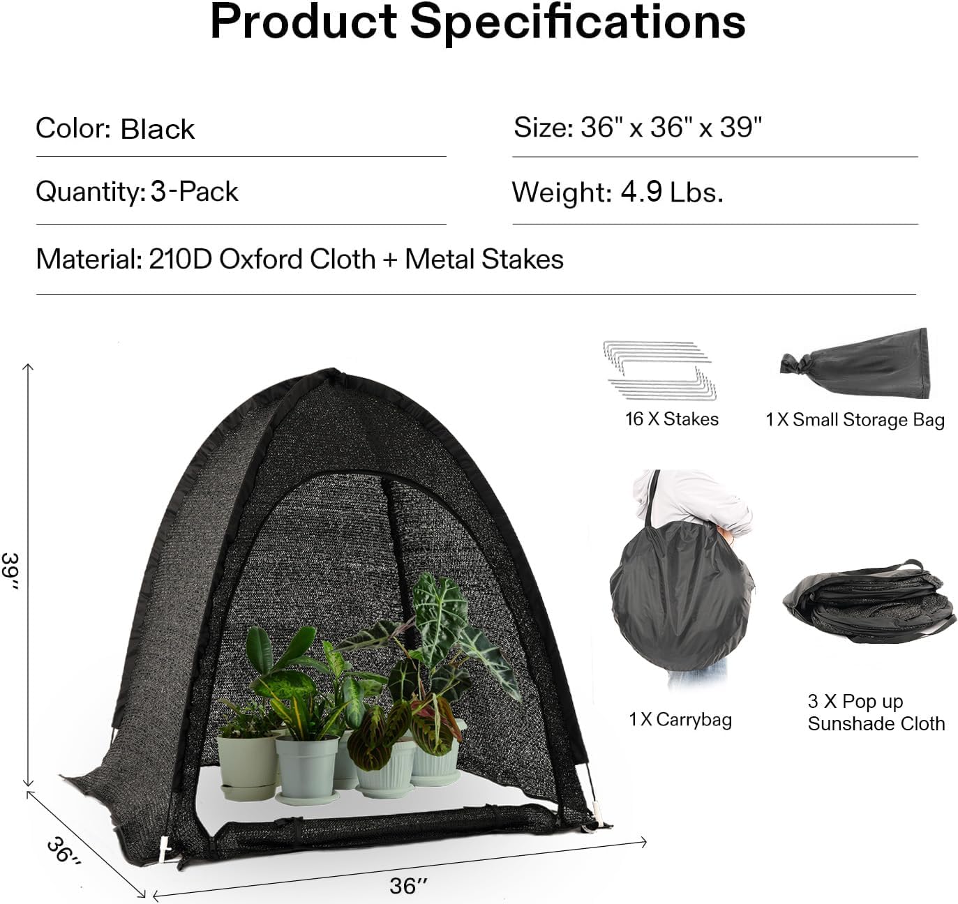 Porayhut Pop up Sunshade Cloth Pack of 2,Easy Open Crop Shade Net 36''*36''*39''UV Resisitant Plant 80% Sunblock Net for Mini Flower Pot with Stakes