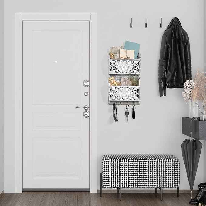 2-Slot Mail Organizer Wall Mount with 4 Hooks, Rustic Key and Mail Holder for Home Decorative, Wooden Key Hangers Wall File Organizer Letter Sorter for Letter Magazines