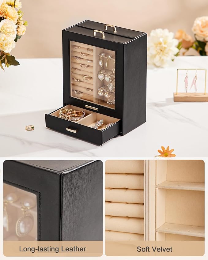 Homde Mothers Day Gifts Jewelry Organizer Box for Women Girls Necklaces Rings Earrings Bracelets Storage Case (Black + Gold)