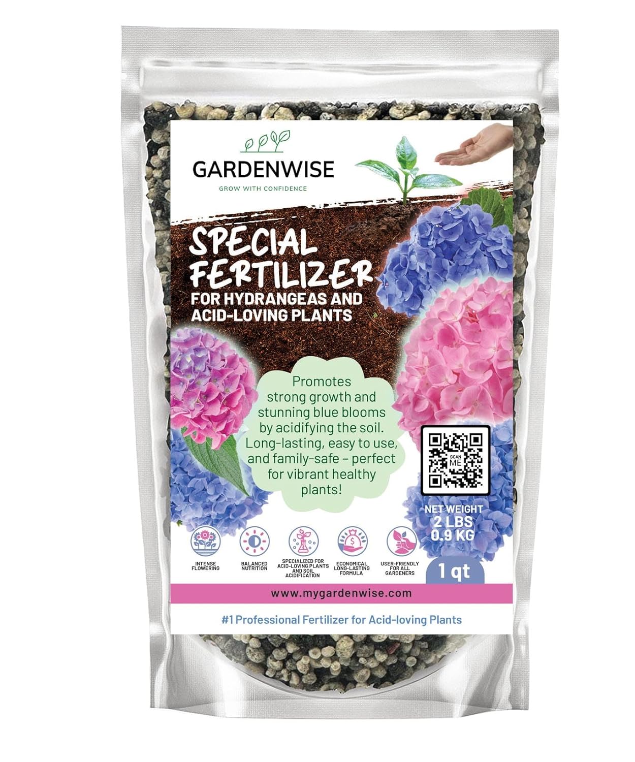 Slow Release Hydrangea Fertilizer with Iron & Sulfur – Indoor & Outdoor Soil Acidifier for Miracle Growth (1 qt)