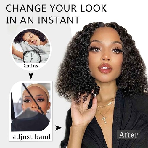 Xinjiju Wear and Go Glueless Wigs Human Hair Pre Plucked Pre Cut 6x4 Short Curly Bob Lace Front Wigs for Black Women Natural Hairline Water Wave Lace Front Wigs 200% Density 14 Inch