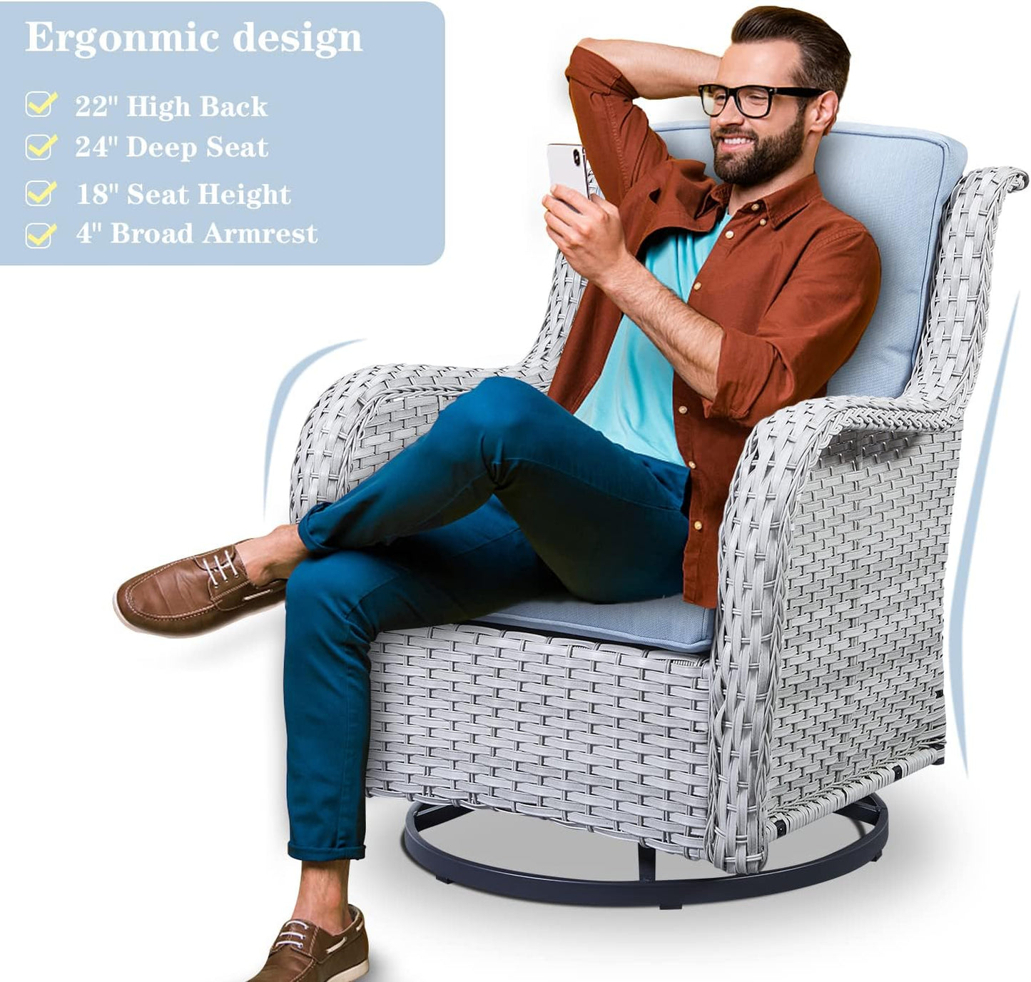 5 Piece Outdoor Patio Furniture Set - Wicker Furniture Patio Conversation Set, Outdoor Swivel Rocker Chairs with 3-Seater Sofa and 2 Ottomans for Small Space, Baby Blue Cushion
