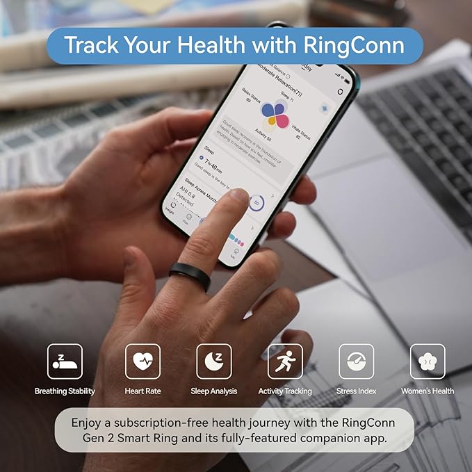 RingConn Gen 2, World’s First Smart Ring with Sleep Apnea Monitoring, No APP Subscription, 12-Day Battery Life, Stress/Heart Rate/Women's Health Tracker, Android & iOS Compatible (Black, Size 10)