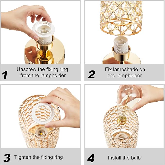 Crystal Table Lamp, Gold Lamp for Bedroom with USB-C USB-A Charging Ports, 3 Way Dimmable Light with Crystal Lampshade, Bedside Lamp Small Touch Light for Girl Room in Gold