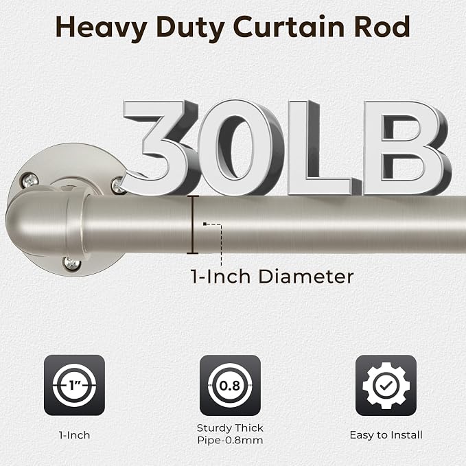 Zeerobee Curtain Rods for Windows 66 to 120, 1 Inch Industrial Wrap Around Brushed Nickel Curtain Rod, Indoor/Outdoor Room Divider Adjustable Drapery Pole, 66"-120"