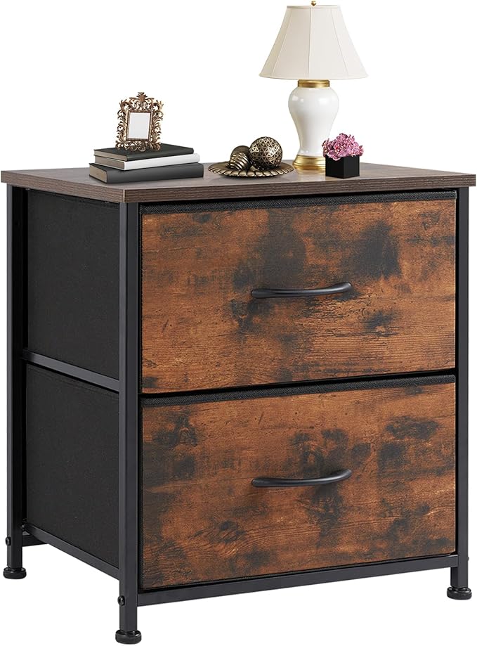DUMOS Nightstand Small Dresser with 2 Fabric Drawers Side Bedroom End Table Kids Bedside Storage Furniture for 20 inch Tall Night Stand for Closet, Entryway, College Dorm, Rustic Brown