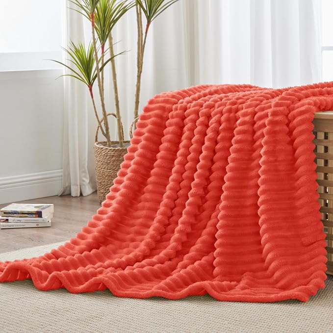 BEDELITE Twin Blanket for Couch & Bed, 300GSM Soft & Warm Fleece Blanket, Decorative and Giftable Striped Coral Red Blankets for Women, Men, 60"x80"