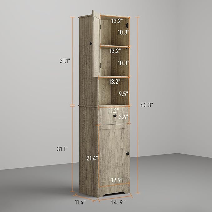 Viaozutis Tall Bathroom Cabinet, Storage Cabinet with 2 Doors & 2Drawer, with Ajustable Shelve, for Bathrooms, Kitchens,Entrances（Grey）