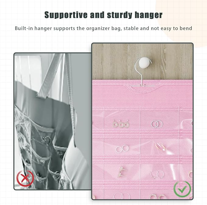 1 Pack Hanging Jewelry Organizer 80-Pocket Dual-sided Jewelry Storage for Earring Necklace Bracelet Ring Travel Holder, Pink