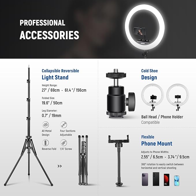 NEEWER Professional 18 Inch Ring Light with Tripod Stand Phone Holder Compatible with iPhone, 45W Remote Shutter App Control, Video Recording Makeup Selfie Studio Streaming Filming, RP18B Pro Black