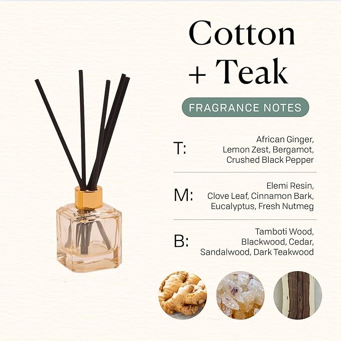 Paddywax Botanica Scented Oil Diffuser with Reeds in Reusable White Glass Bottle, Tubed Gift Box, Includes Diffuser Sticks, Long-Lasting Fragrance, Reusable & Upcyclable, Cotton & Teak, 2.8 fl oz