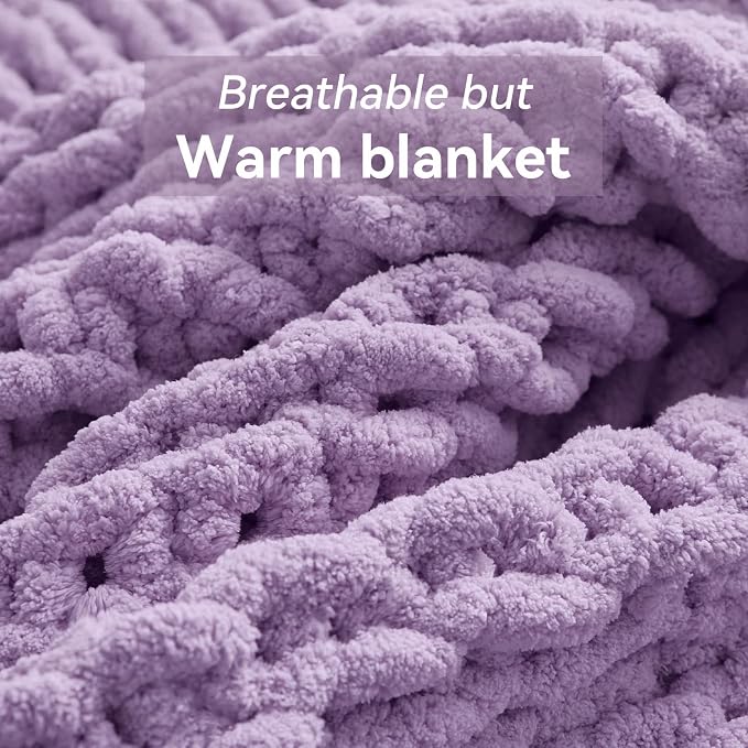 Negwoo Chunky Knit Throw Blanket, 40''*50'' Knitted Throw Chenille Yarn for Bed Couch, Handmade Light Purple Crochet Big Thick Blanket, Machine Washable Cute Comfy Blanket for Home Decor