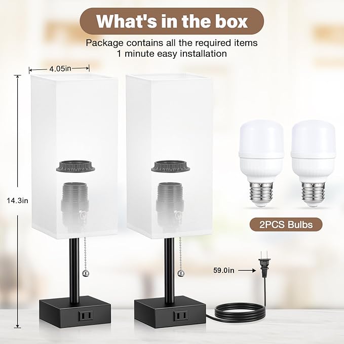 White Bedside Lamps for Bedroom Set of 2 - Small Rectangular Nightstand Lamp with AC Outlet Charging Port, 3 Color Temperatures Desk Light with Bulb, Tabletop Reading Lamp for Living Room/Dorm/Office