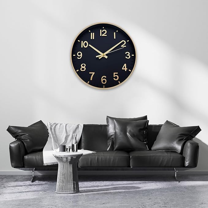 HZDHCLH Wall Clocks Battery Operated,Wall Clock Black Gold,8 inch Wall Clock Silent Non Ticking Modern 3D Numbers for Kitchen Bedroom Living Room Office Classroom Decor
