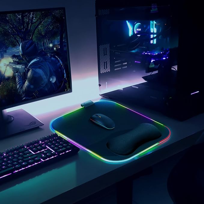 Gimars RGB Mouse Pad with Wrist Rest Support, 12 x 10 in Extra Large Ergonomic Gaming Mouse Pad with 10 LED Lighting Modes, Non-Slip Rubber Base for PC Gaming & Office
