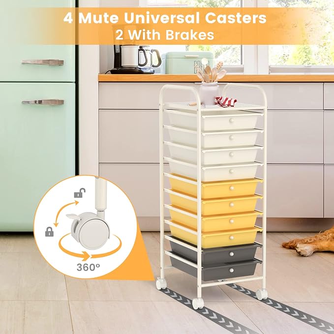 COSTWAY 10-Drawer Rolling Storage Cart, Utility Mobile Trolley with Removable Drawers & Universal Casters & 2 Brakes, Versatile Flexible Drawer Organizer Cart for Home, Office (Yellow)