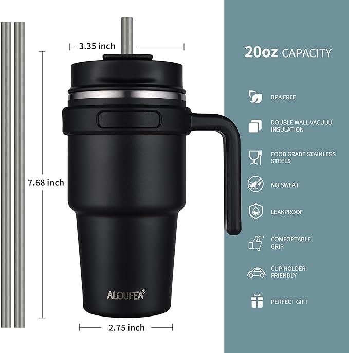 20 oz Insulated Coffee Mug Tumbler with Handle, Stainless Steel Travel Mug Tumbler with Lid and Straw,Double Wall Vacuum Leak Proof Ice Coffee Thermal Cup, Ocean Teal
