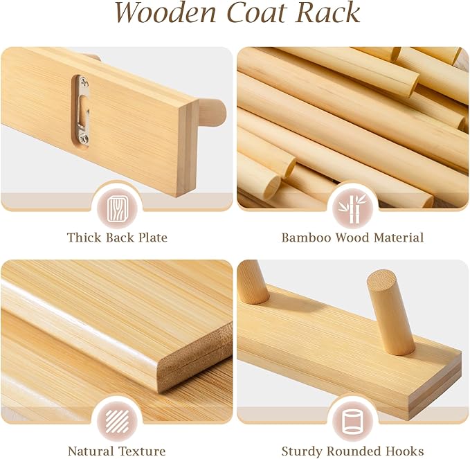 Coat Rack Wall Mount, Wooden Coat Hanger with 5 Hooks, Heavy Duty, Natural, 1 Pcs