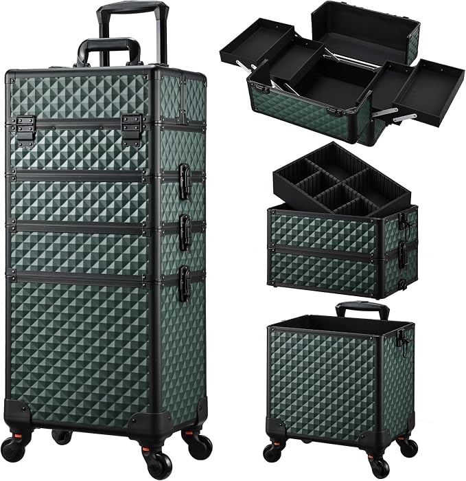 Stagiant Rolling Makeup Train Case Cosmetology Case on Wheels 4 in 1 Cosmetic Box Makeup Travel Case with Key Swivel Wheels Nail Artist Salon Barber StorageTraveling Cart Trunk Dark Green
