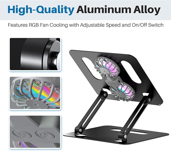 YICOSUN Adjustable Laptop Cooling Stand with 2 Quiet Fans & RGB Lighting, Aluminum Alloy & Foldable Ergonomic Design for MacBook, Lenovo, ASUS, Dell 10-16 Inch, Perfect for Gaming, DJ, Office - Black