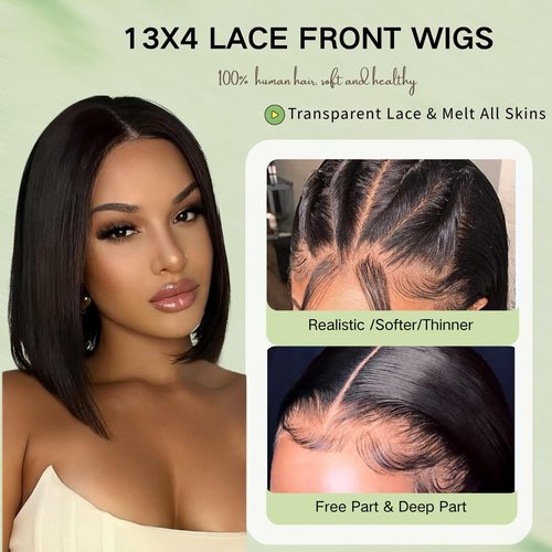 YFOXI Glueless Bob Wig Human Hair 13x4 HD Transparent Lace Front Wigs Short Bob Wig Glueless Wigs Human Hair Pre Plucked Bleached Knots Straight Lace Front Wigs For Black Women（16 Inch）
