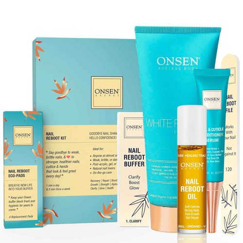 Onsen Secret Ultimate Nail Reboot Kit - Includes Cuticle Oil & Anti Aging Hand Lotion, Professional Nail File and Buffer, 3-Way Block w/Replacement Pads, Nail Strengthening Cuticle Cream