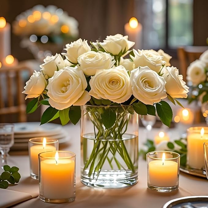 TBWIND 2Pcs Glass Cylinder Vases for Centerpieces, 6" x 4.7" Wide Mouth Flower Vase Hurricane Glass Candle Holders, Clear Vases Bulk with 2 Floral Tapes for Floating Candles Wedding Party Home Decor