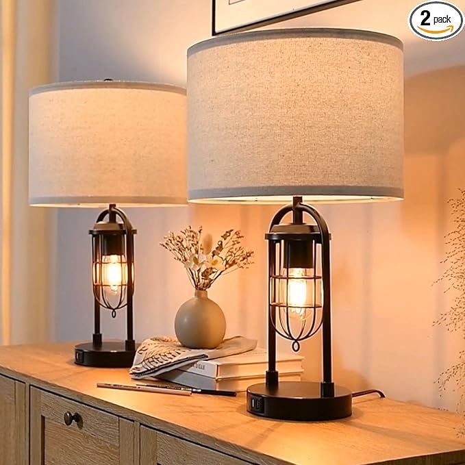 Kyrid Set of 2 Table Lamps with USB Ports and Night Light Farmhouse Nightstand Lamp for Living Room Bedroom（Bulbs Included）