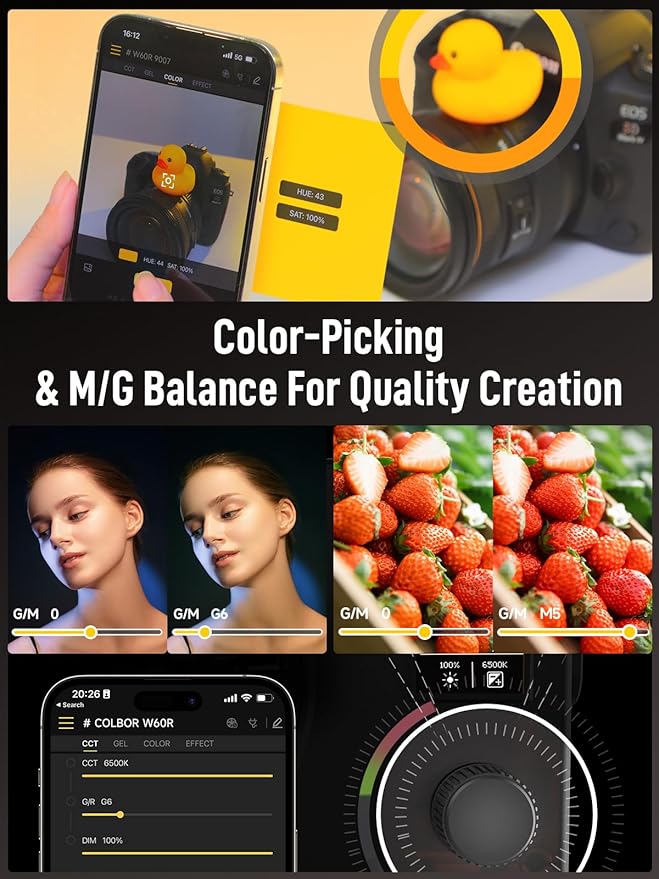 COLBOR W60R RGB Video Light, 60W 2700-6500K Full Color Pocket COB Continuous Output Lighting LED Studio Light CRI97+ TLCI98+ with APP Control for Photography